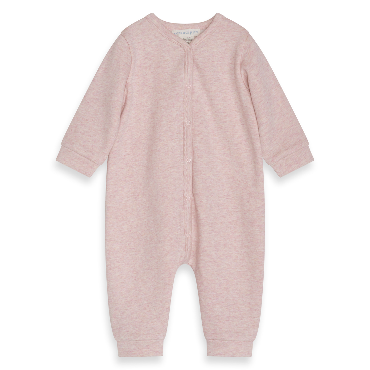 A pink heather long-sleeve baby footless one-piece romper with a snap button closure, shown flat against a white background.