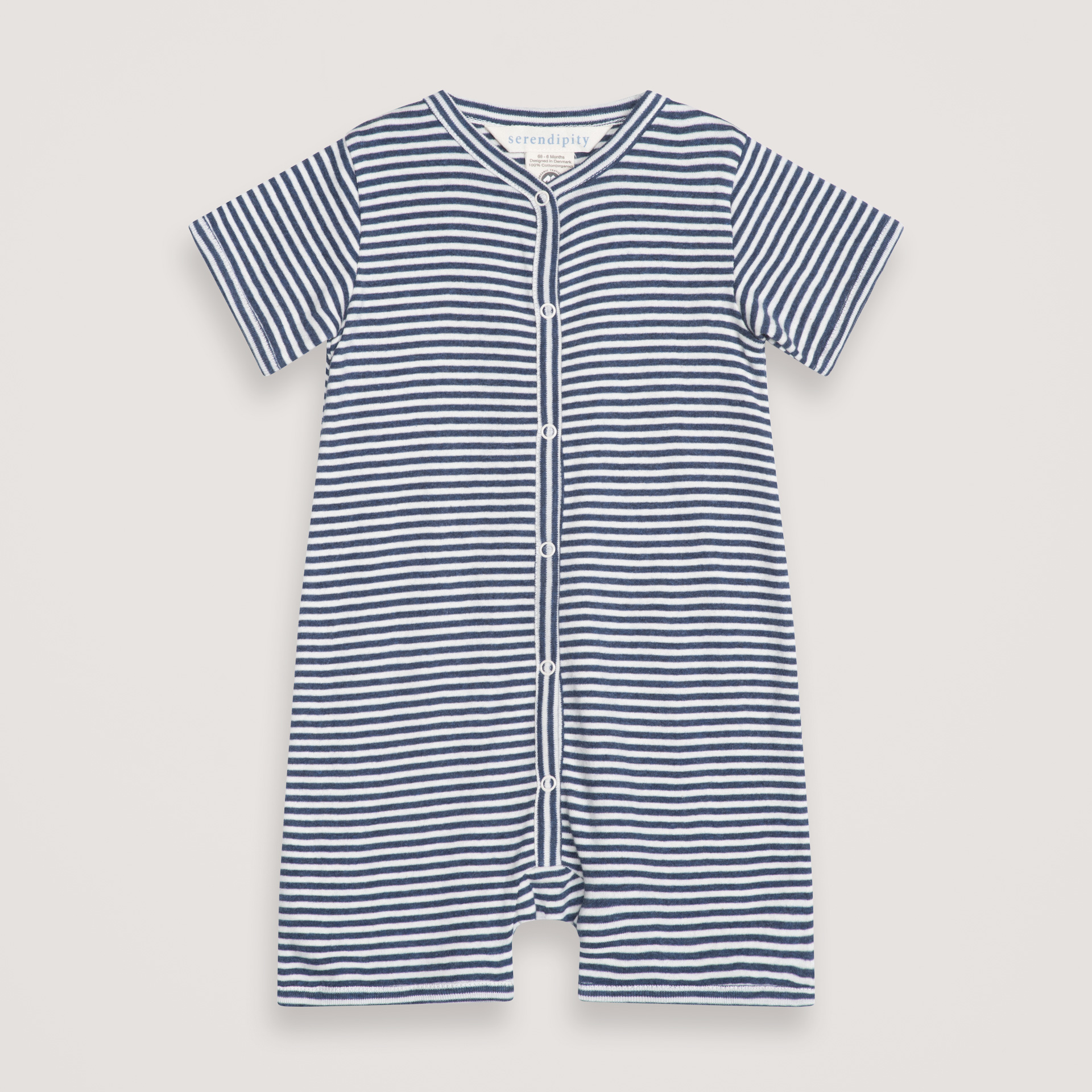 Blue and white striped baby romper on a light gray background