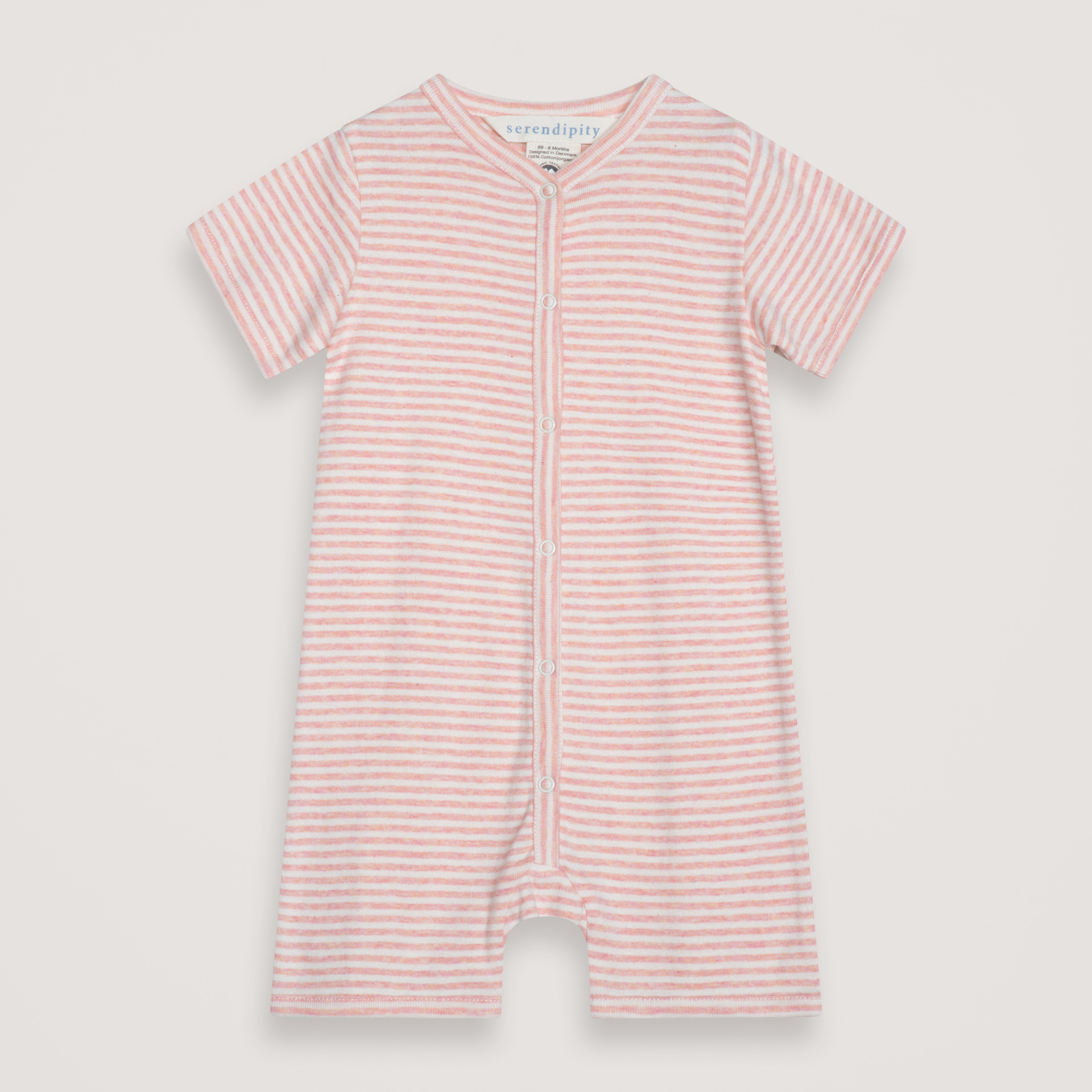 Pink and white striped baby romper on a light gray background