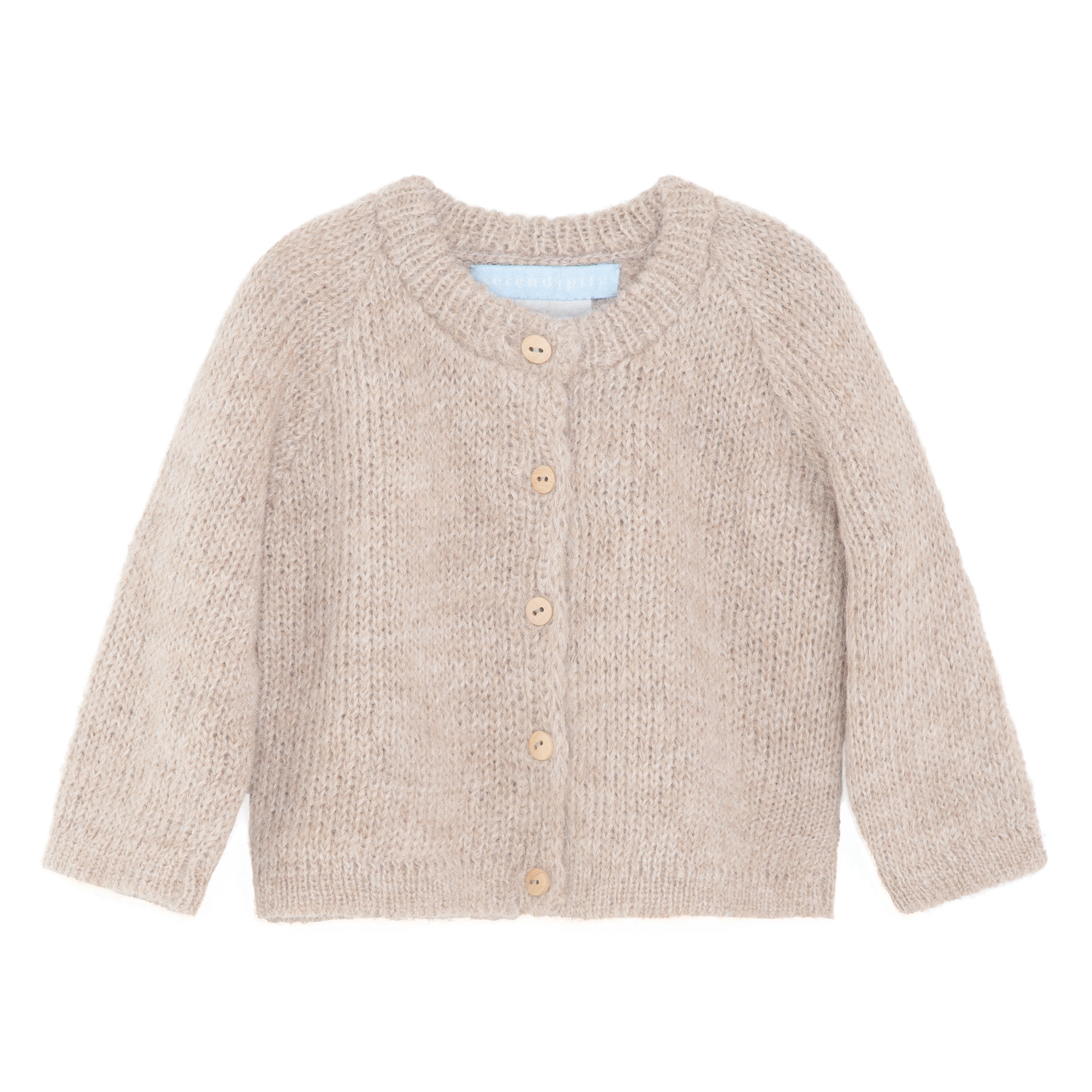 A light beige knit cardigan sweater with wooden buttons, shown flat against a solid white background.