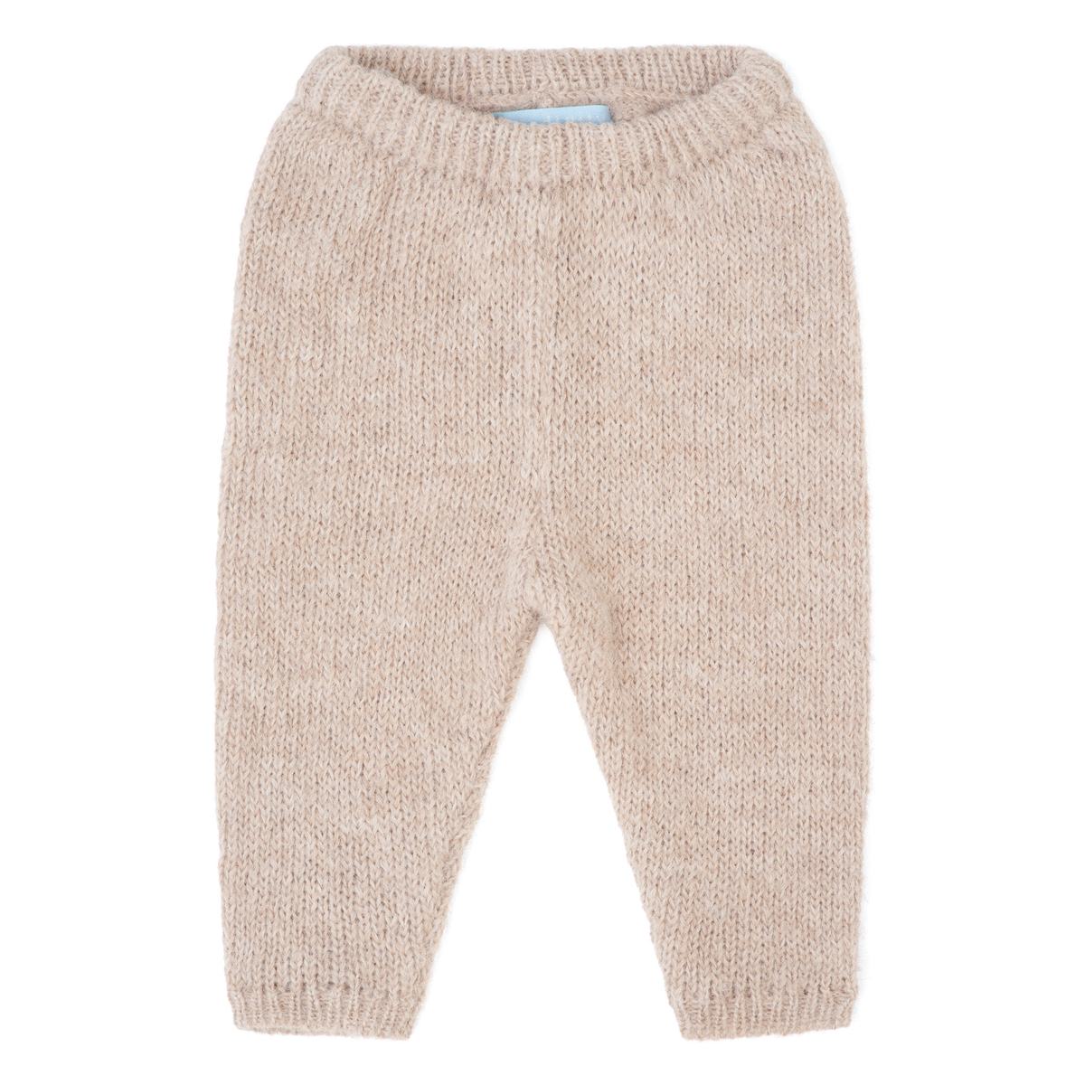 A pair of beige knit baby pants with a ribbed waistband and ankle cuffs, shown flat on a white background.