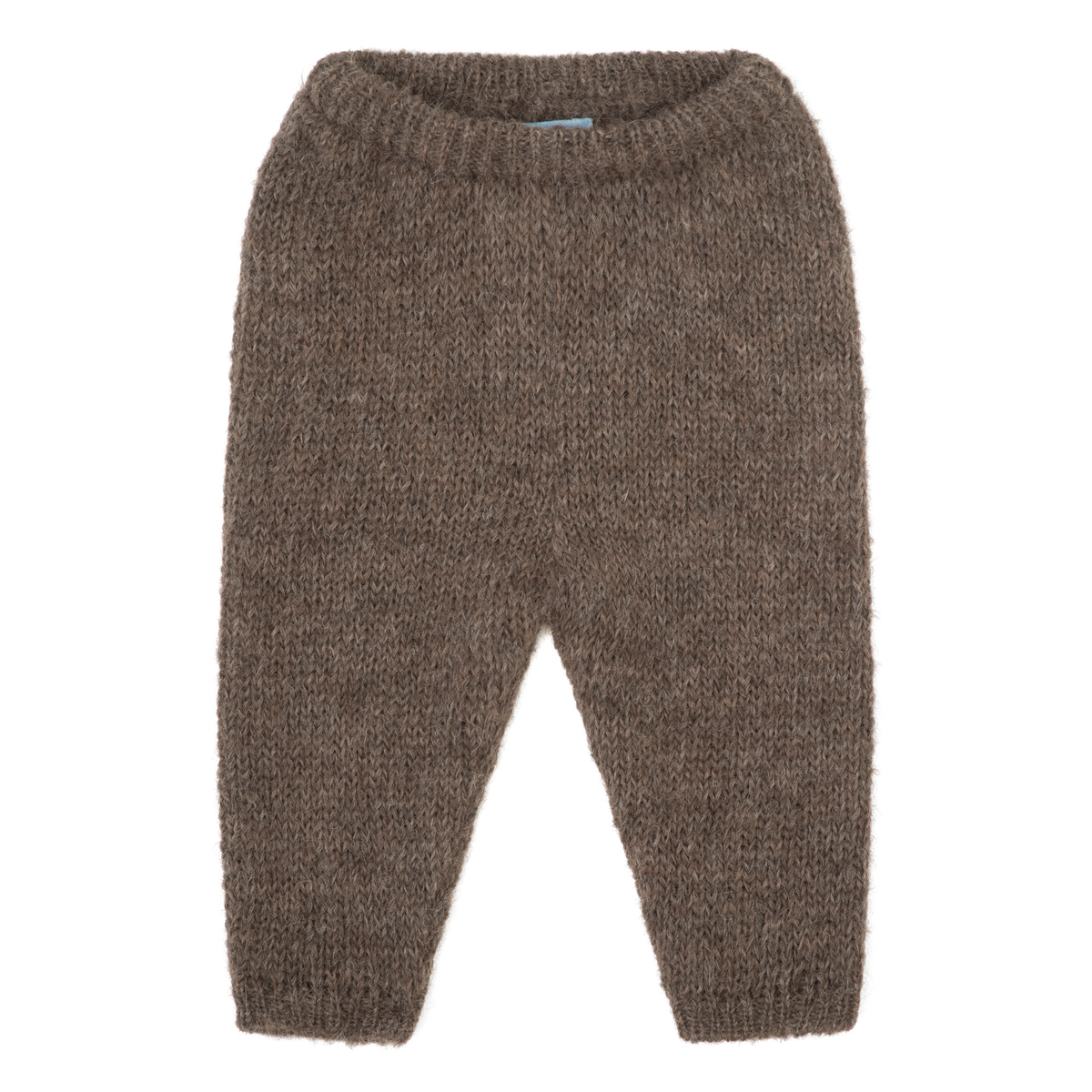 A pair of baby knit pants in a heathered brown color, featuring a ribbed waistband and cuffs, shown against a plain white background.