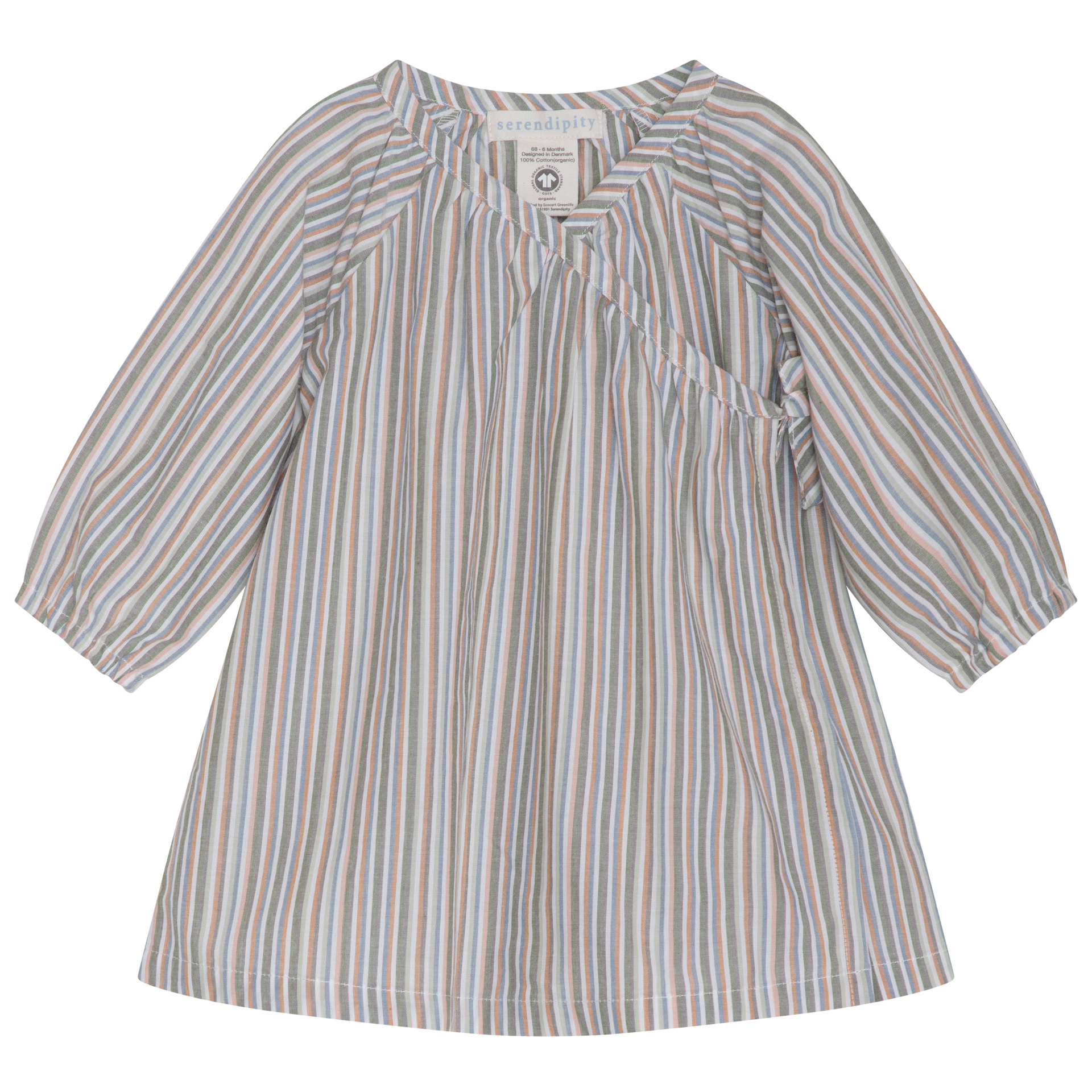 A long-sleeve striped wrap dress, featuring vertical stripes in beige, blue, and brown tones, laid flat against a white background.