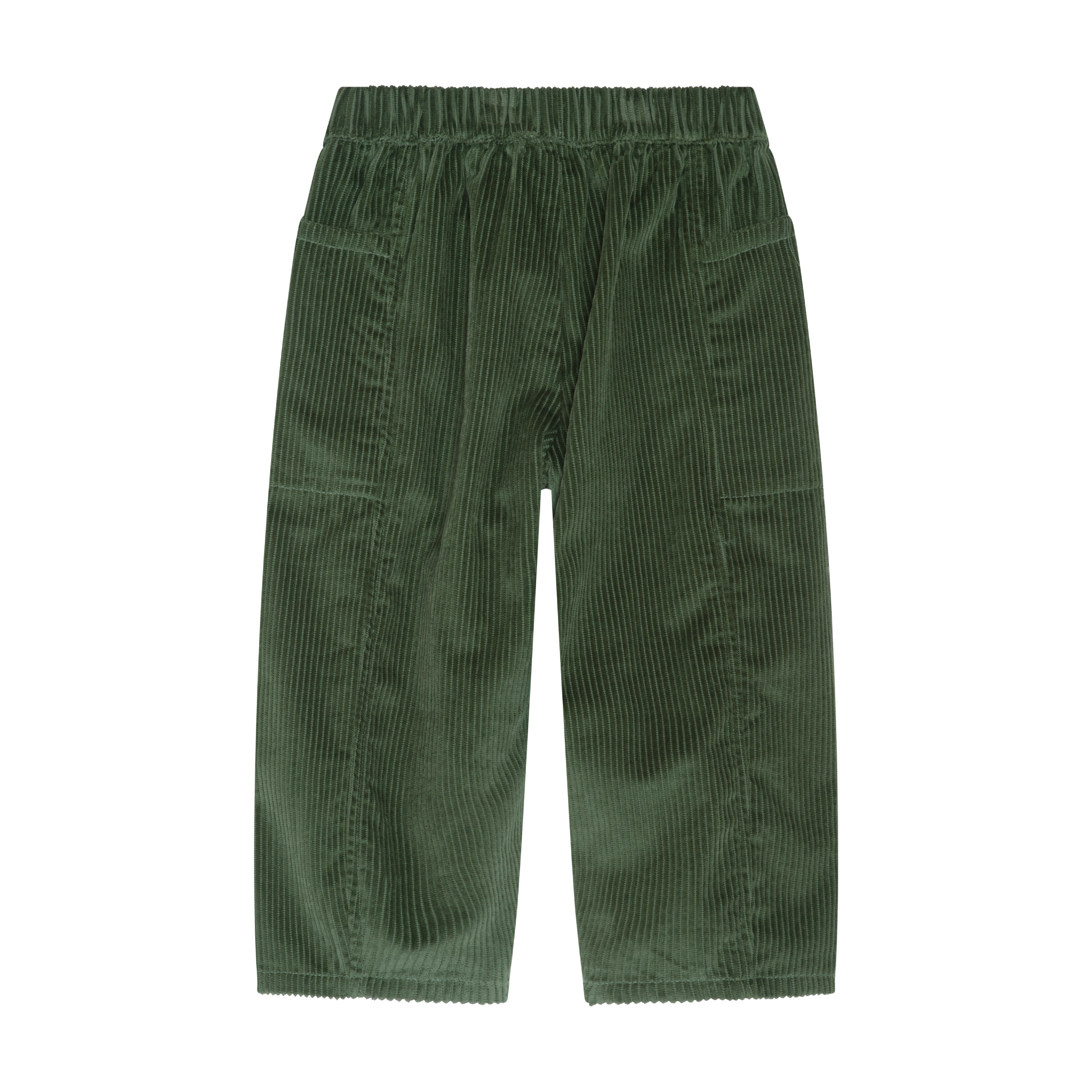 A pair of dark green corduroy pants with an elastic waistband and side pockets, shown flat against a plain white background.
