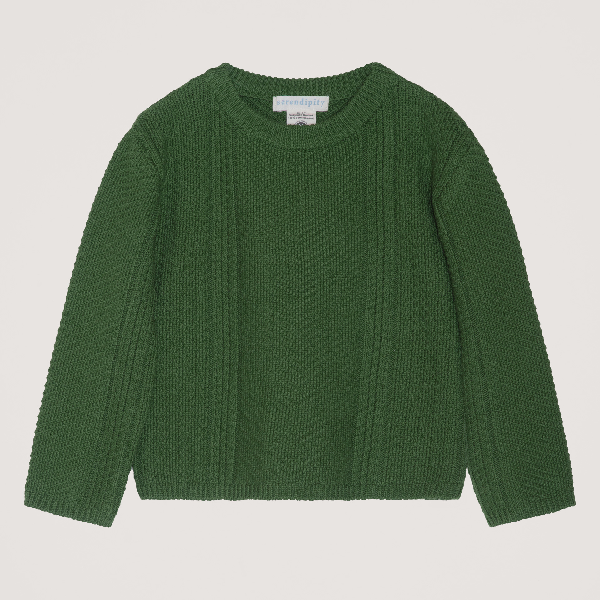 A dark green cable-knit crewneck sweater with long sleeves, laid flat against a light gray background.