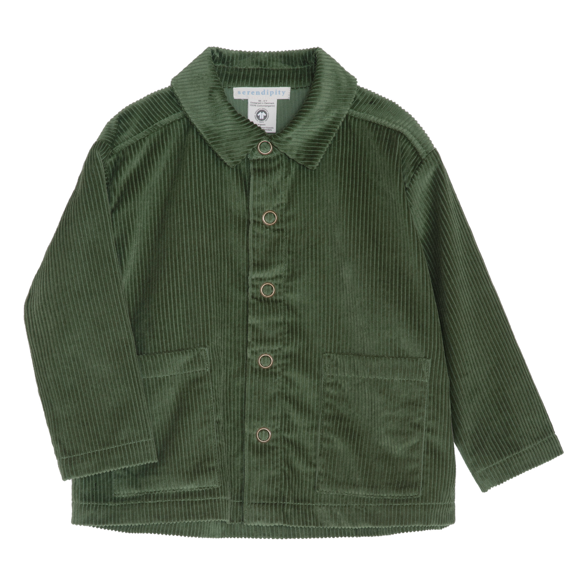 A green corduroy jacket for kids, featuring a button-up front, a pointed collar, and two front patch pockets, laid flat on a white background.