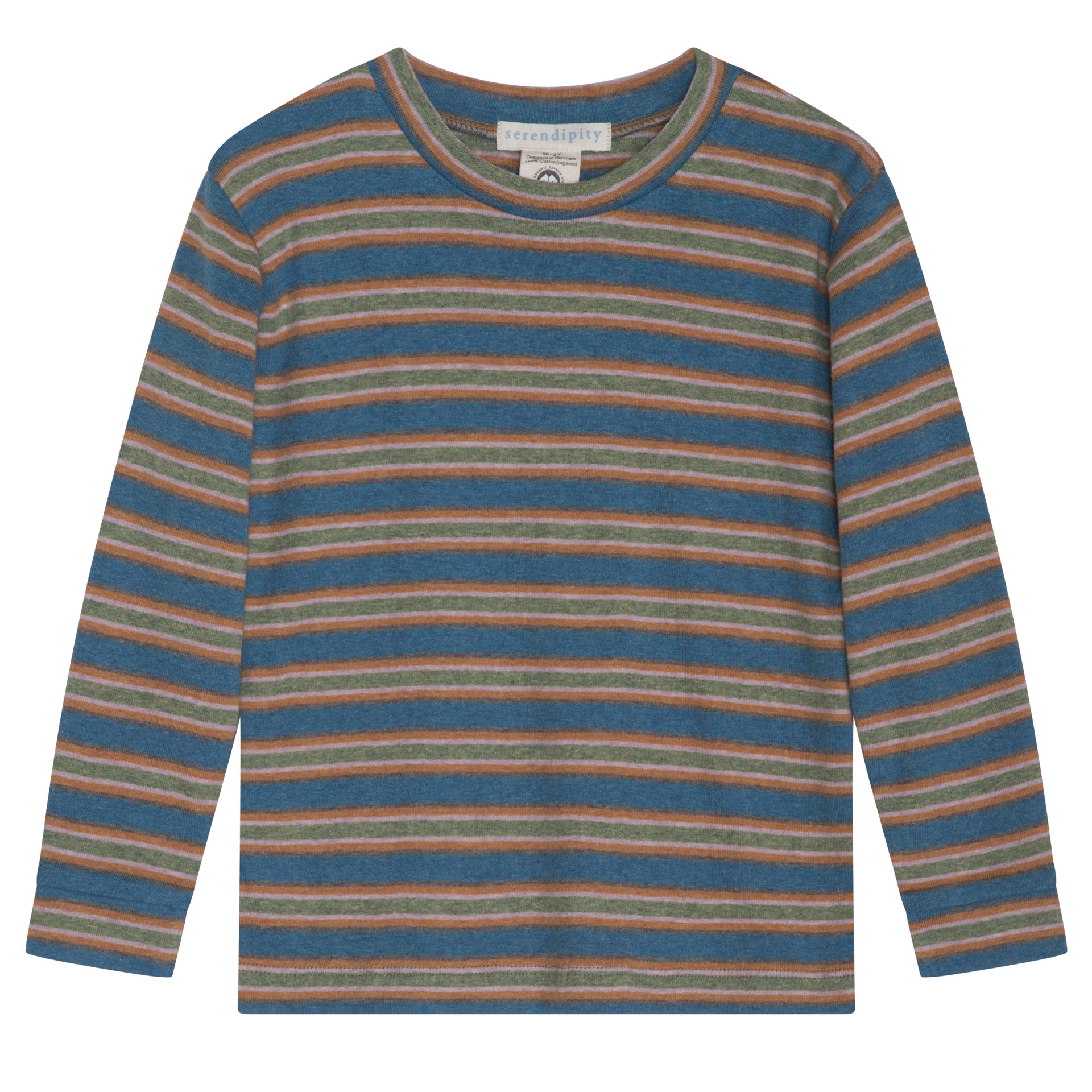 A long-sleeve crewneck knit top with horizontal stripes in blue, rust orange, and olive green, displayed flat against a white background.