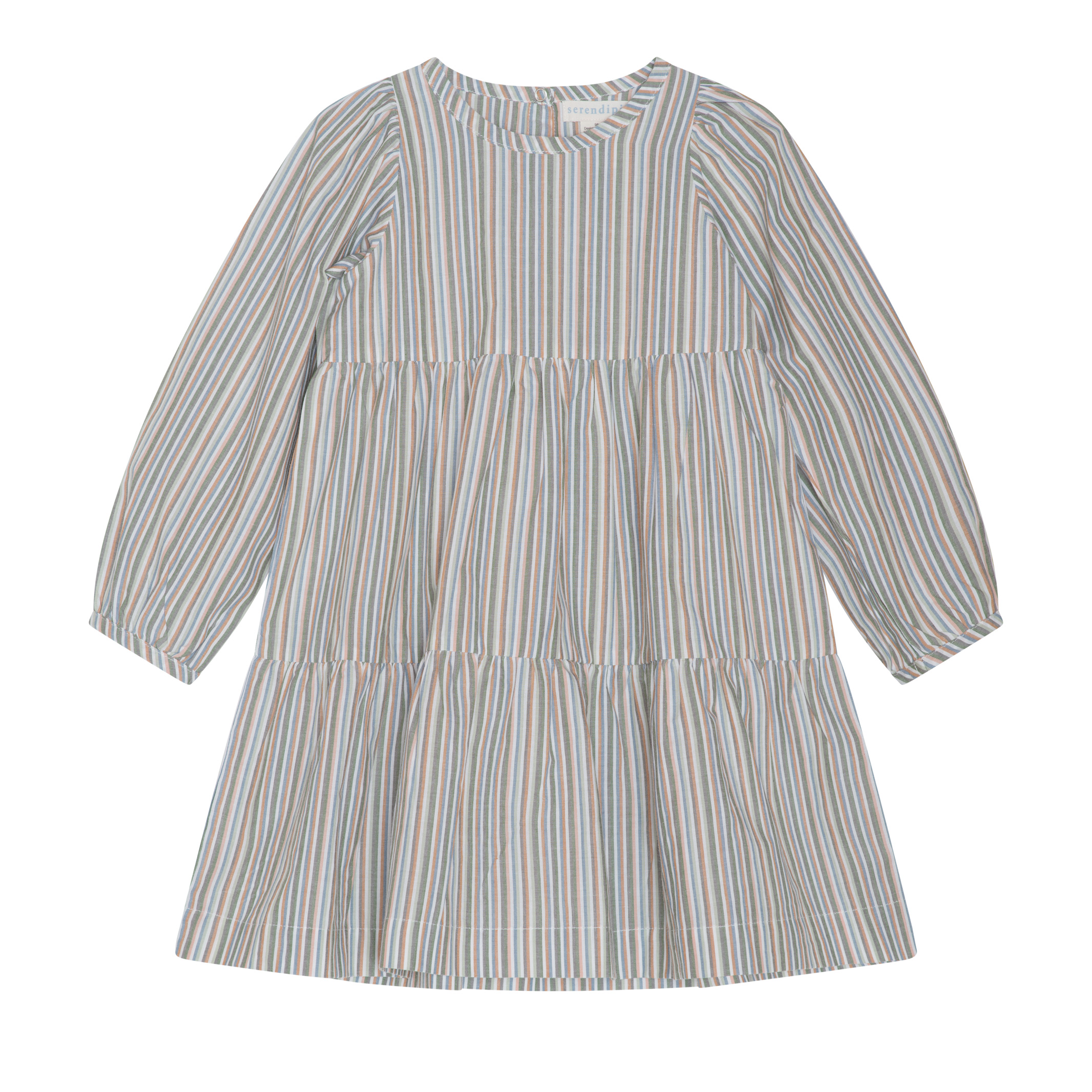 A long-sleeve tiered dress with a vertical stripe pattern in muted blue, beige, and orange tones, shown flat against a white background.