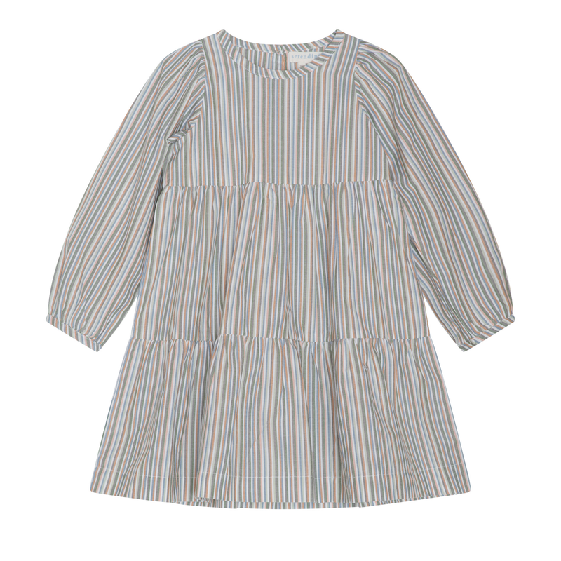 A long-sleeve tiered dress with a vertical stripe pattern in muted blue, beige, and orange tones, shown flat against a white background.