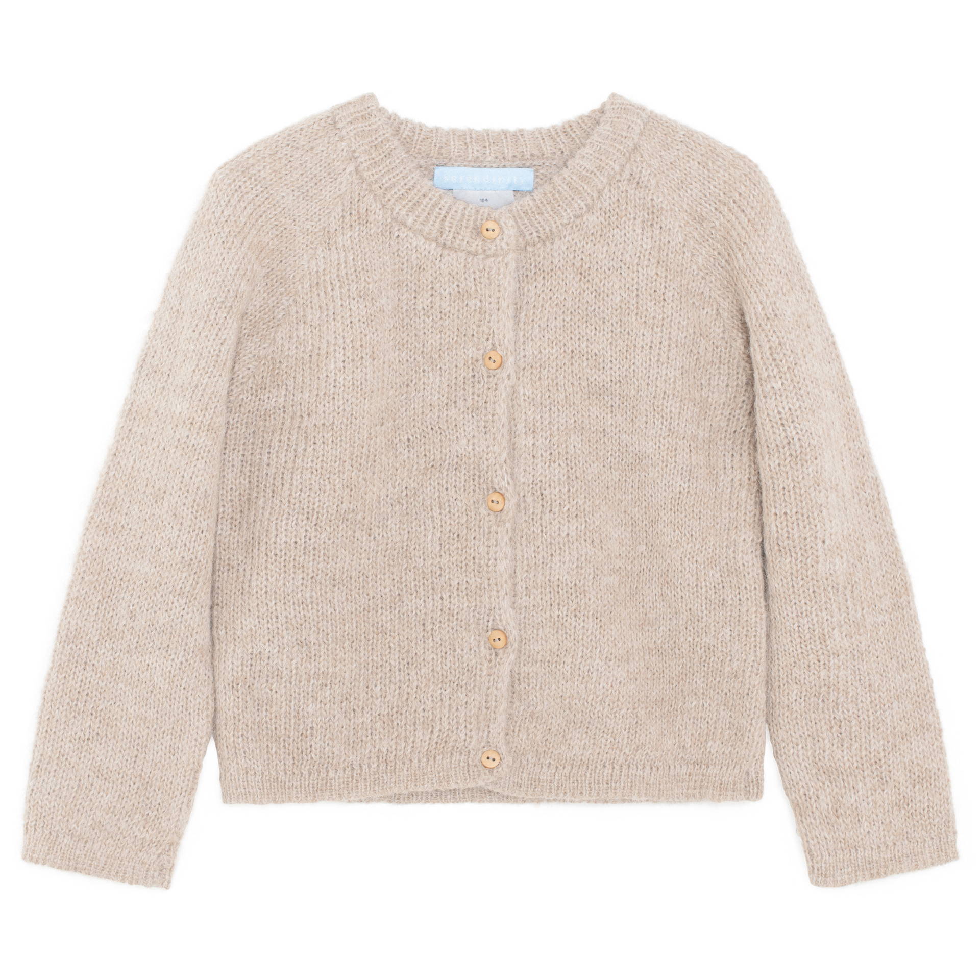 A light beige knit cardigan sweater with a crew neck and four wooden buttons, shown flat on a white background.