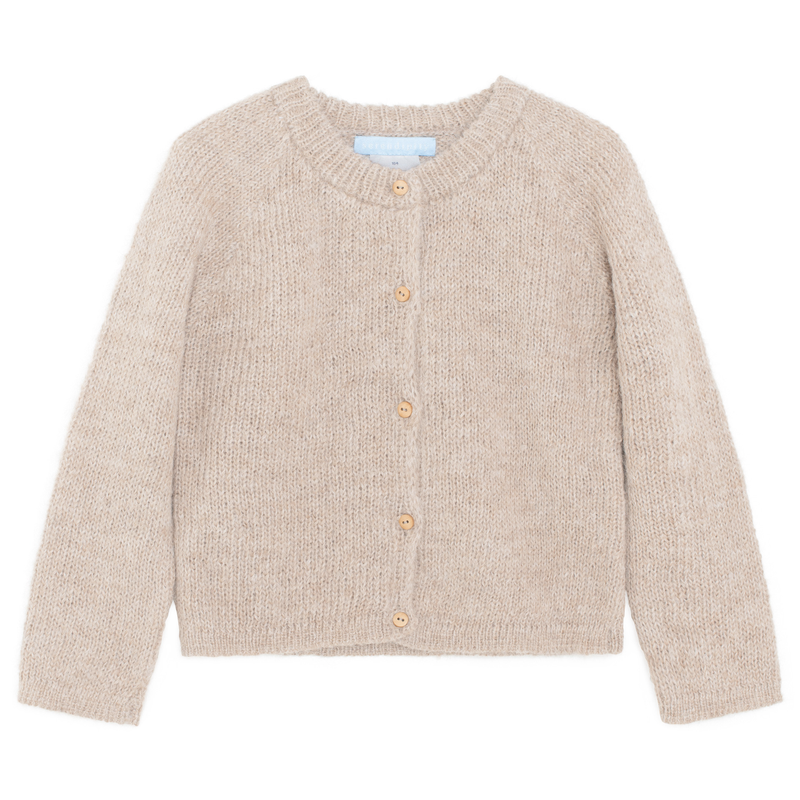 A light beige knit cardigan sweater with a crew neck and four wooden buttons, shown flat on a white background.