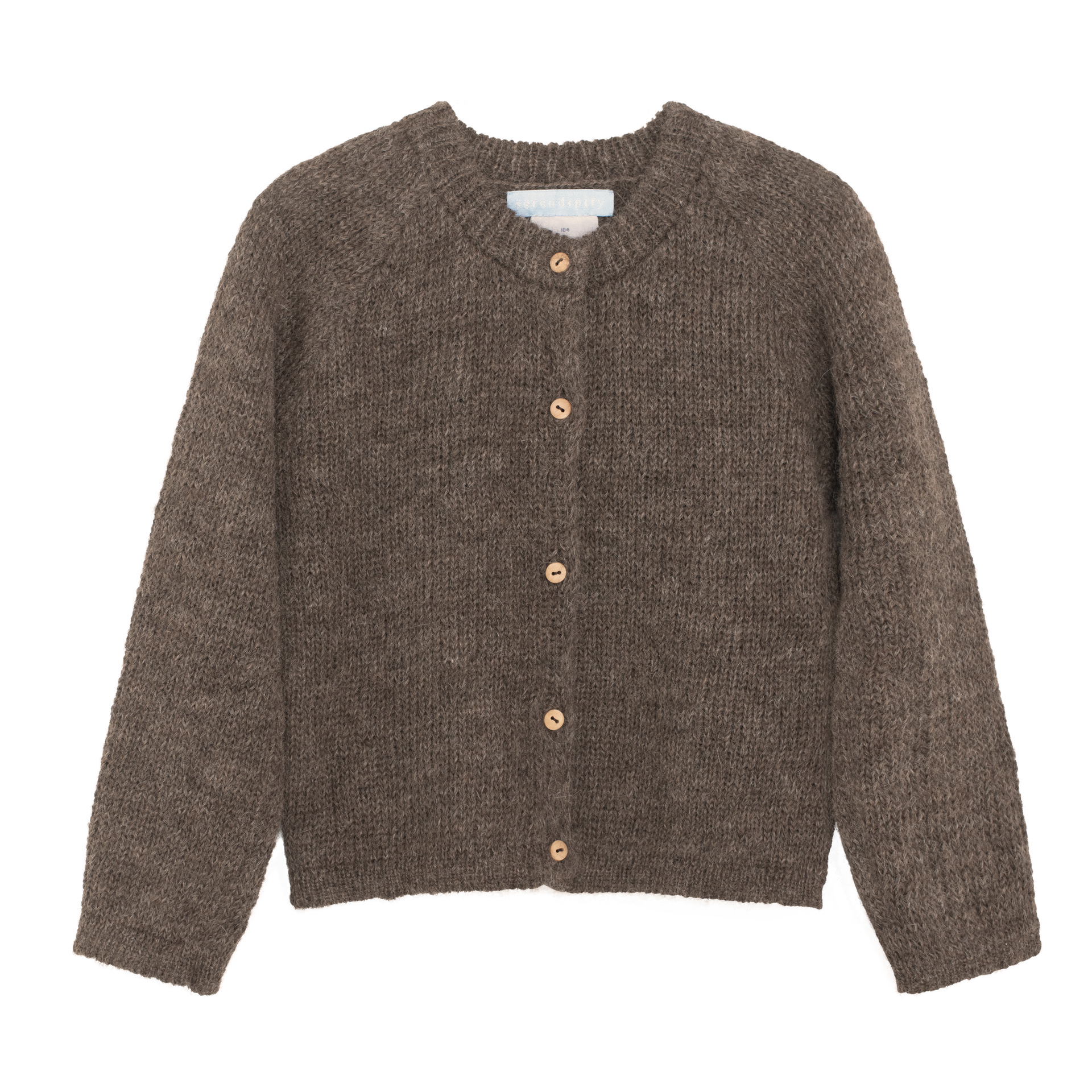 A brown textured knit cardigan sweater with a round neckline and four light brown buttons, shown flat against a white background.