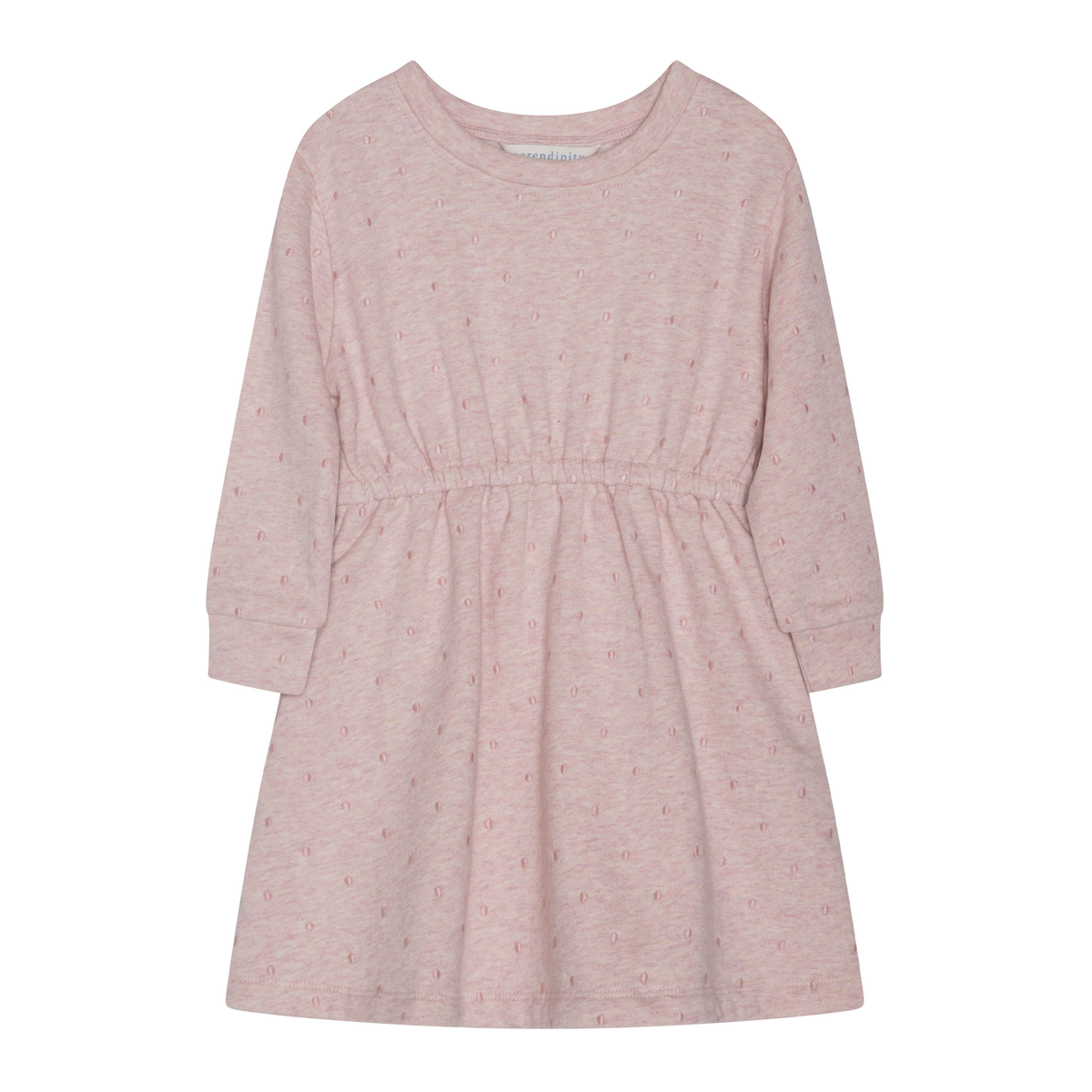 A light pink long-sleeve dress for toddlers, featuring a subtle all-over pattern of small embroidered letters and a gathered elastic waist, shown against a plain white background.