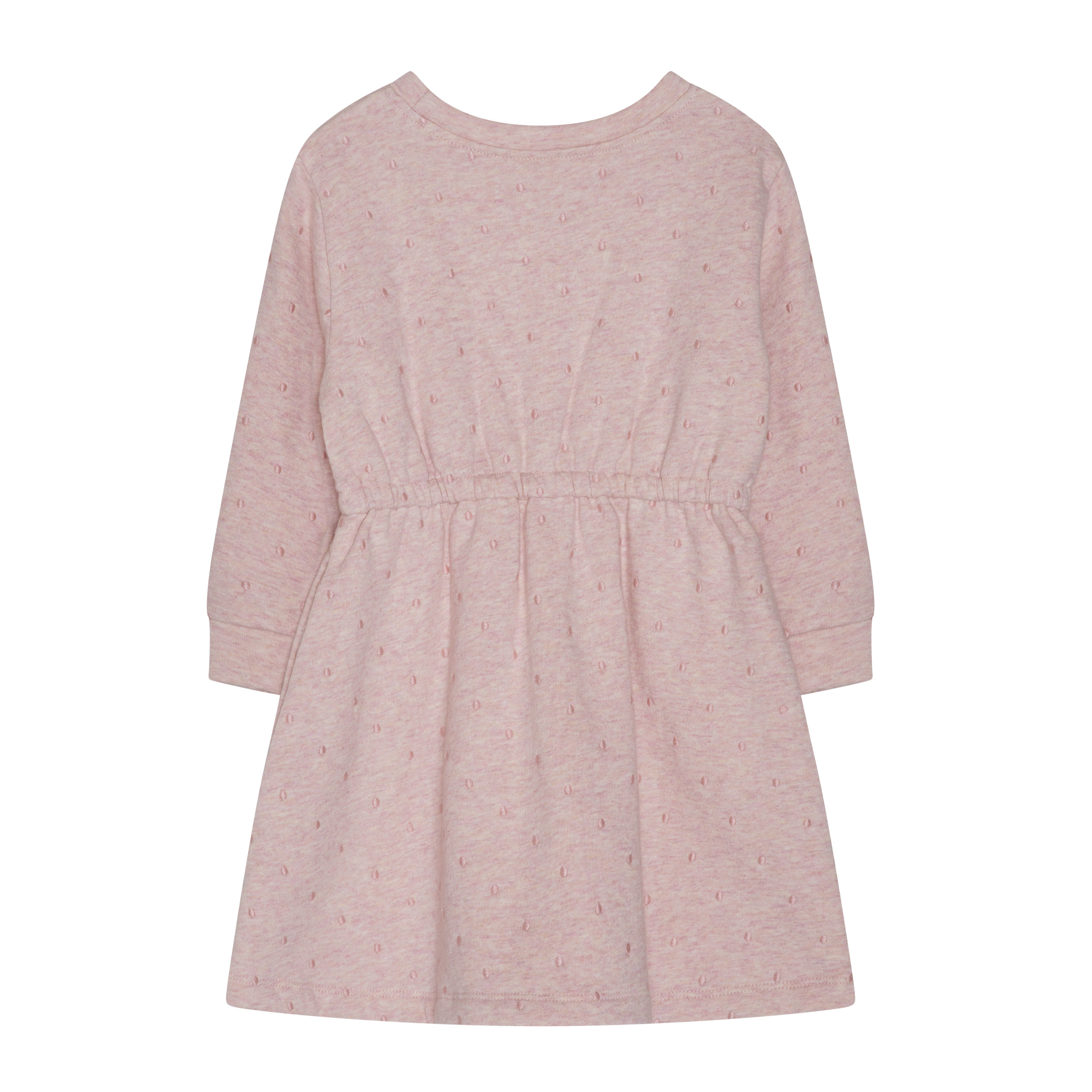 A light pink long-sleeve dress with a subtle all-over micro-dot pattern, featuring a gathered elastic waist and a round neckline, shown against a plain white background.
