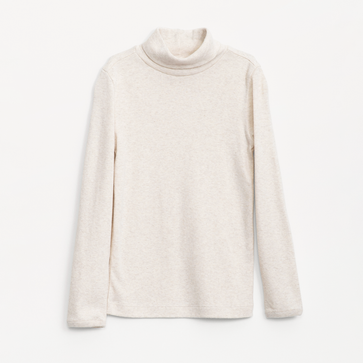 A light beige heathered knit turtleneck sweater with long sleeves, displayed flat against a clean white background.