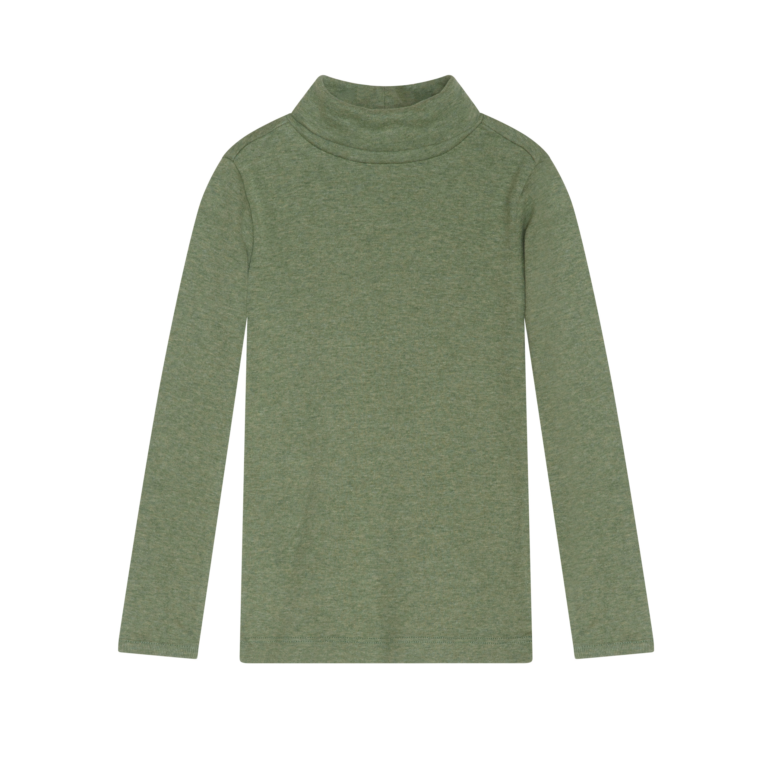 A long-sleeve knit turtleneck sweater in a heathered sage green color, displayed flat against a solid white background.