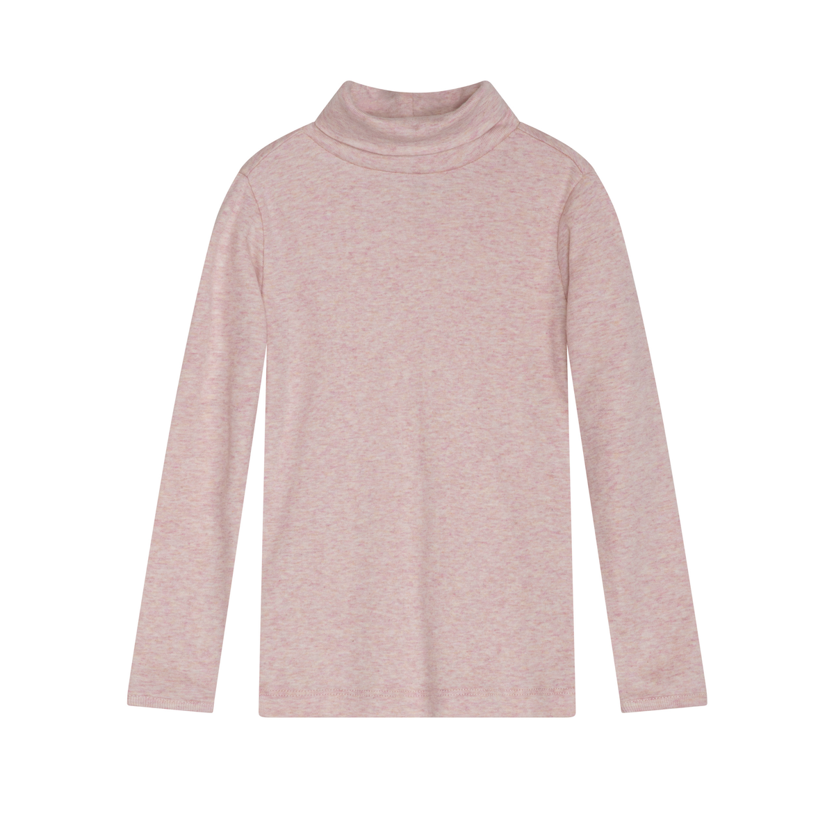 A light pink long-sleeve turtleneck top with a heathered texture, displayed flat against a solid white background.
