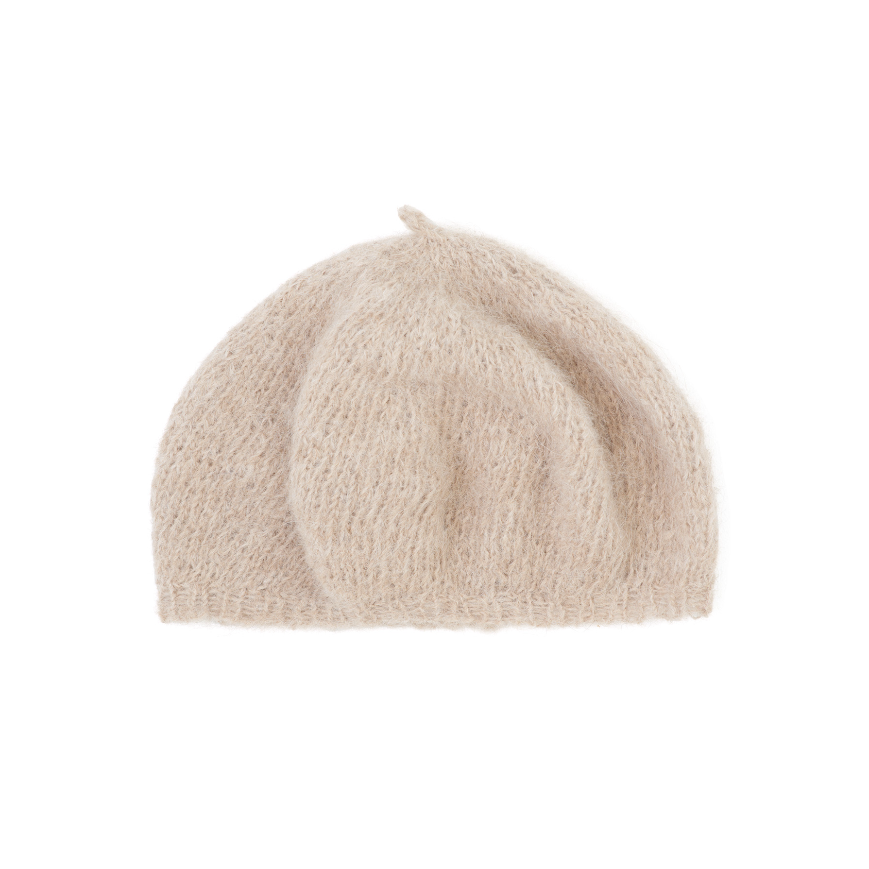 A soft, fuzzy knit beret in a light beige or cream color, photographed against a solid white background.