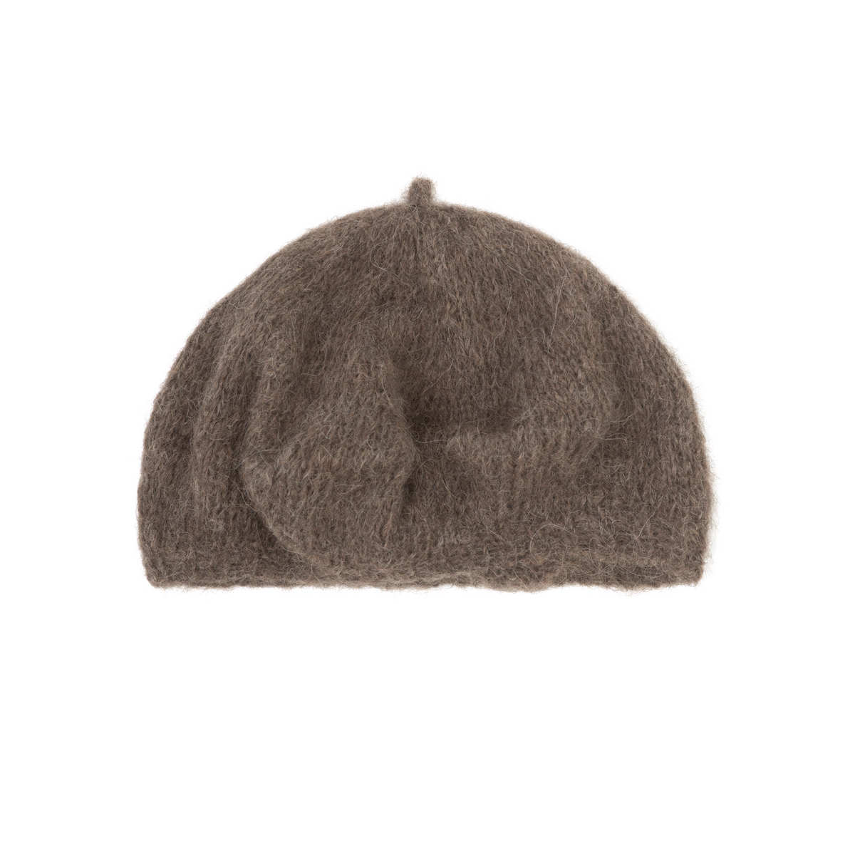 A brown alpaca knit beret hat with a soft, fuzzy texture, photographed against a solid white background.