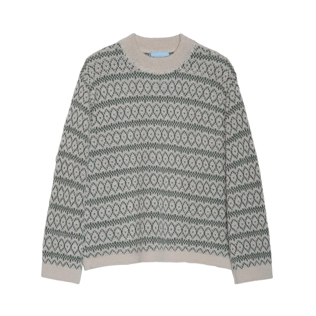 A long-sleeve crewneck knit sweater with a gray and beige horizontal geometric pattern, displayed flat against a white background.