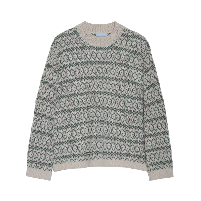 A long-sleeve crewneck knit sweater with a gray and beige horizontal geometric pattern, displayed flat against a white background.