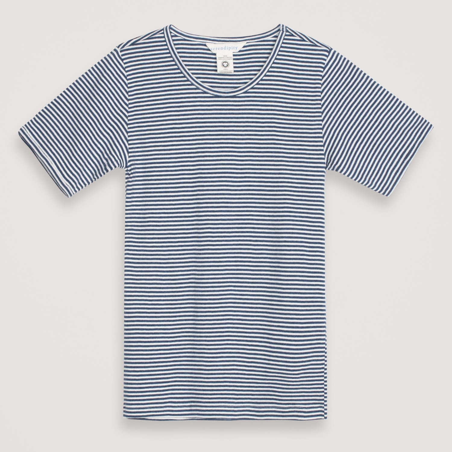 Blue and white striped t-shirt on a light gray background