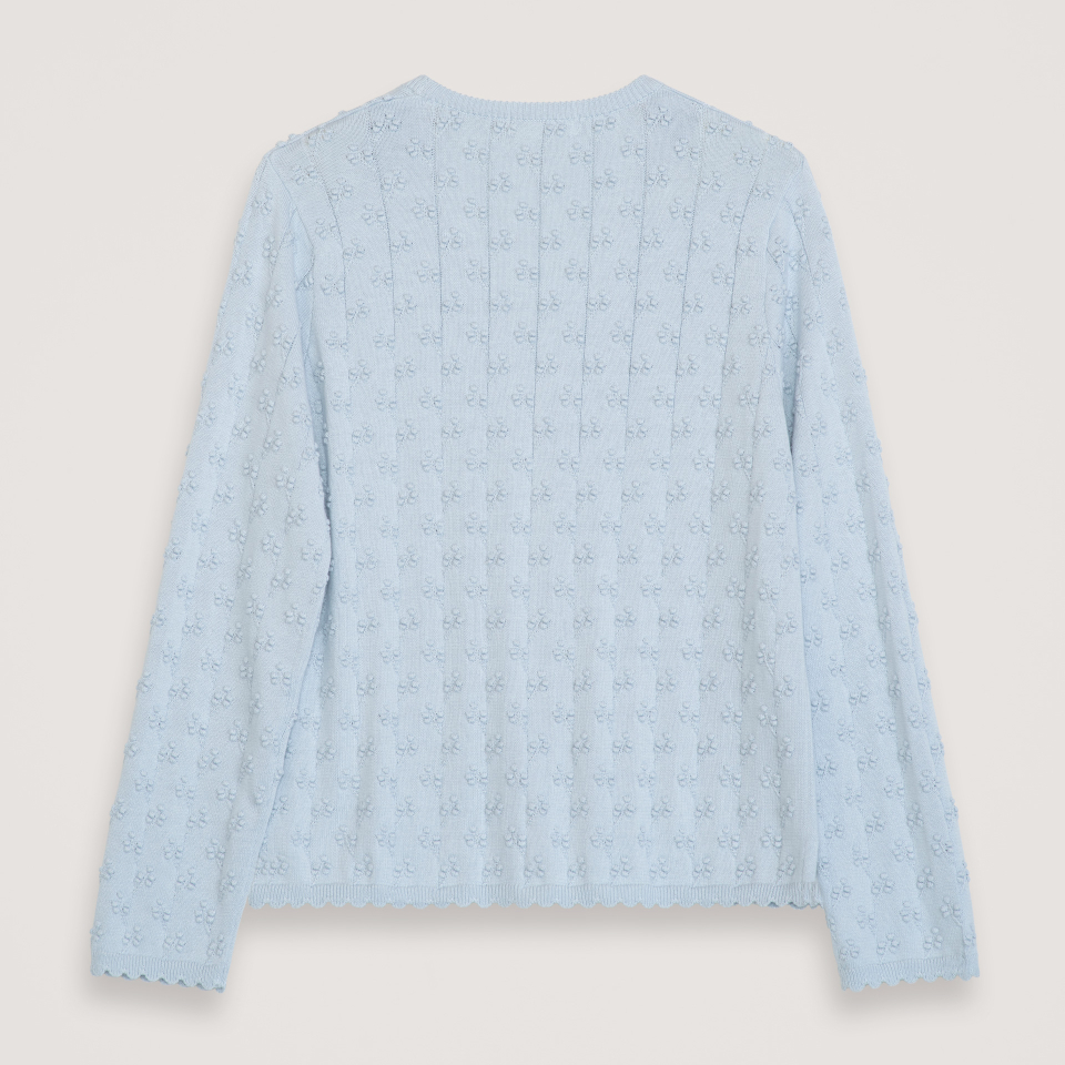 Light blue textured sweater on a light gray background
