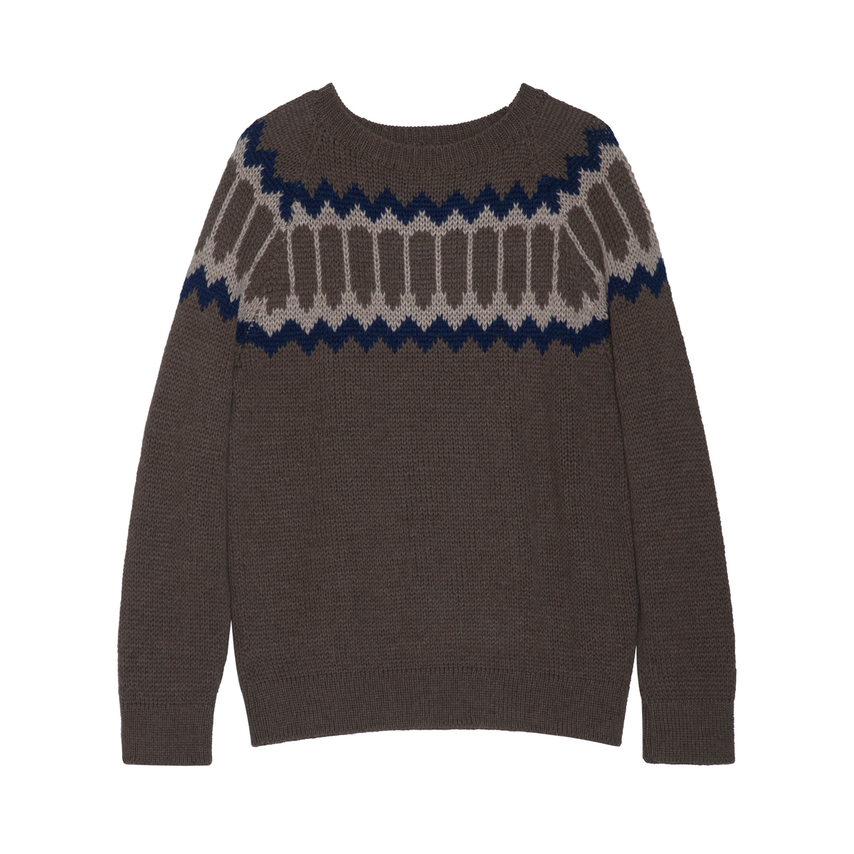 A brown knit sweater with a Fair Isle pattern across the chest in navy blue and beige, shown against a plain white background.