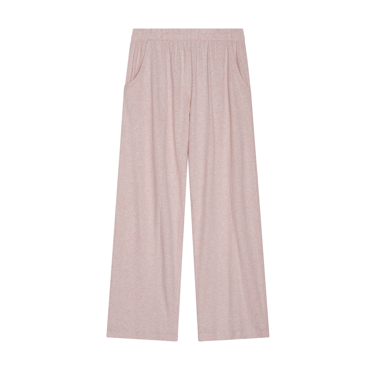 A pair of wide-leg lounge pants in a light heathered dusty pink, shown flat against a solid white background.