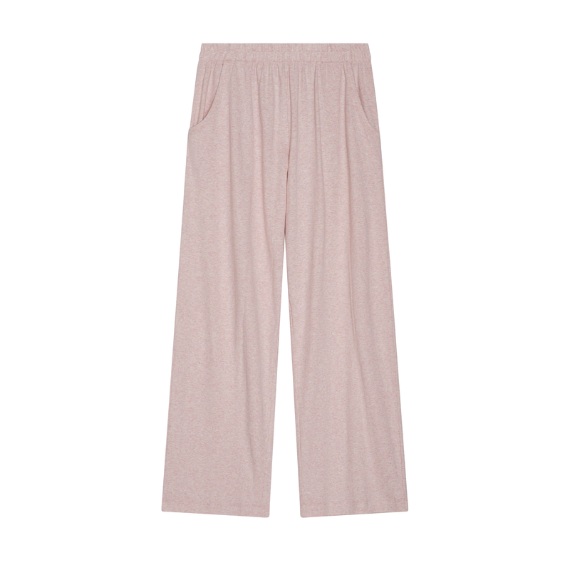 A pair of wide-leg lounge pants in a light heathered dusty pink, shown flat against a solid white background.