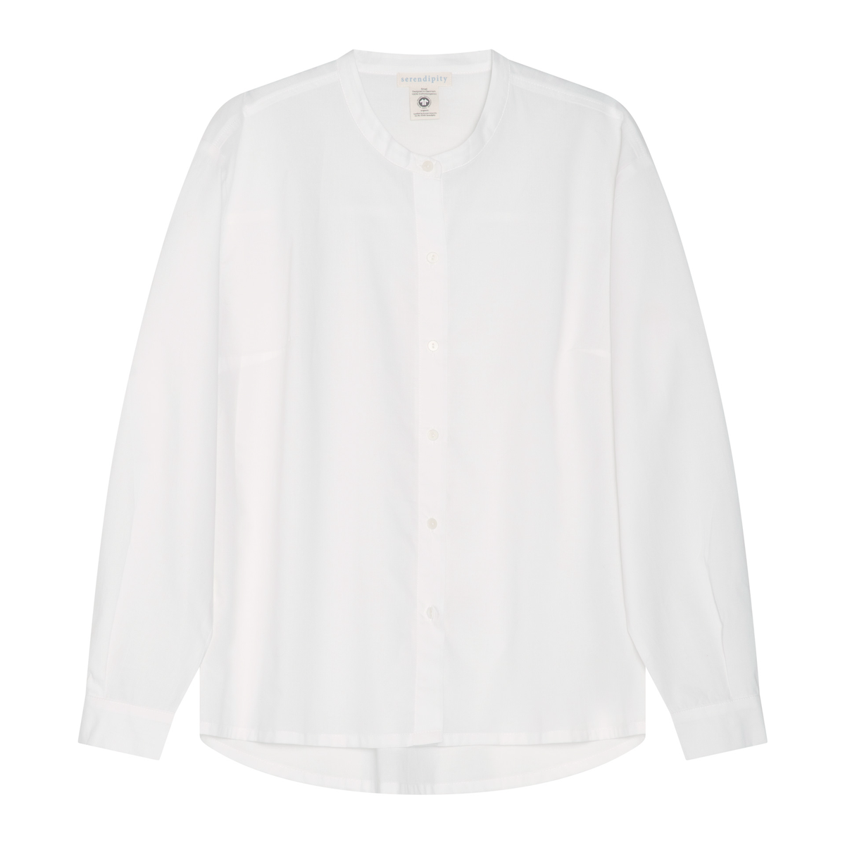 A white long-sleeve button-up shirt with a mock neck, laid flat against a solid white background.