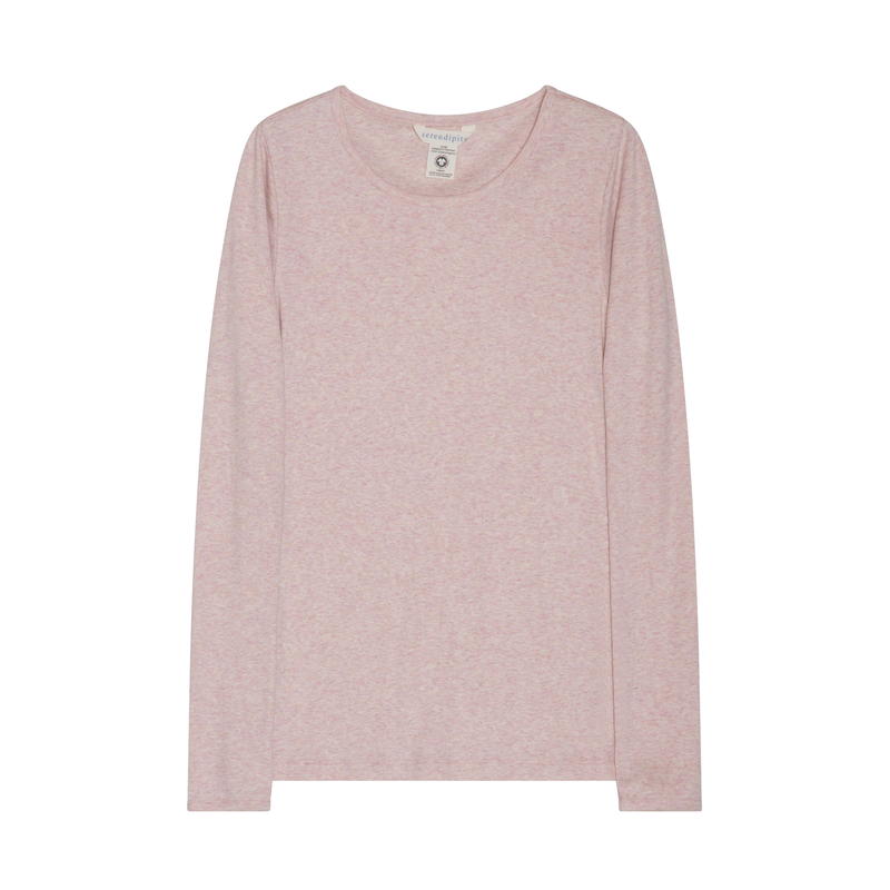 A light pink long-sleeve crewneck top with a subtle heathered texture, shown flat against a solid white background.