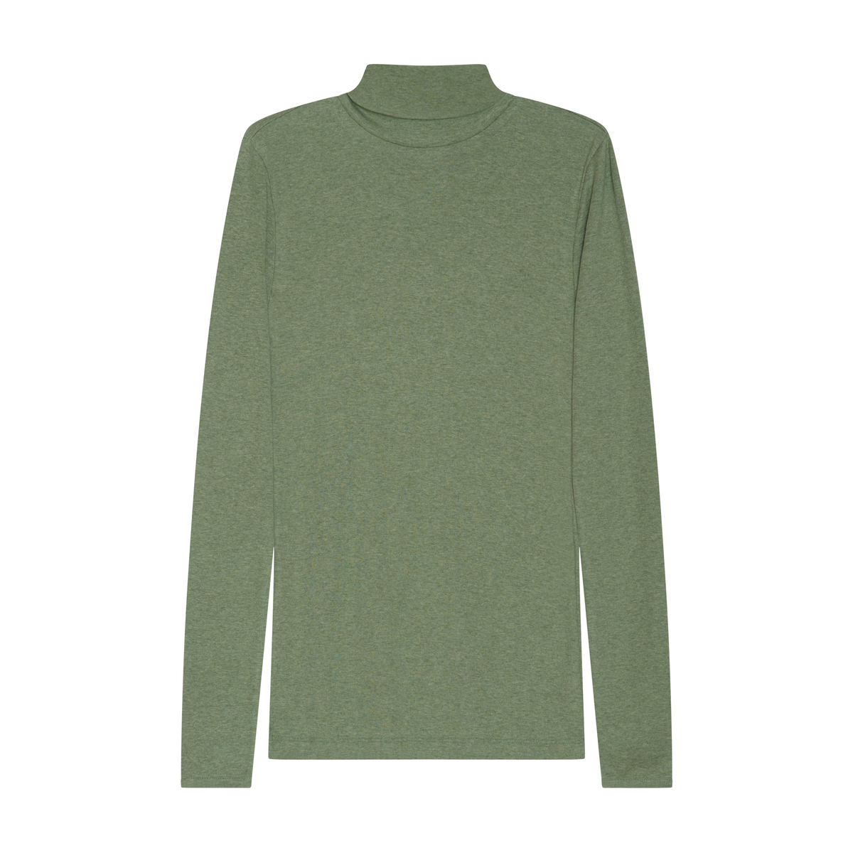 A long-sleeve turtleneck in a heathered sage green color, presented flat against a solid white background.