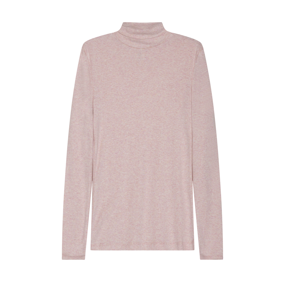 A light pink long-sleeve turtleneck top with a fine heathered texture, displayed against a solid white background.