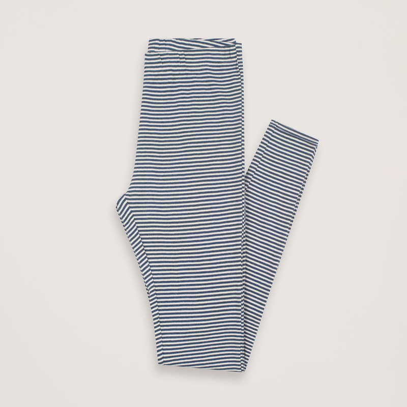 Blue and white striped leggings on a light gray background