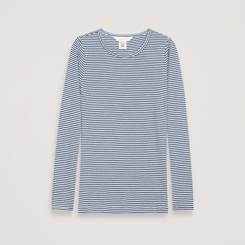 Blue and white striped long-sleeve shirt on a light gray background