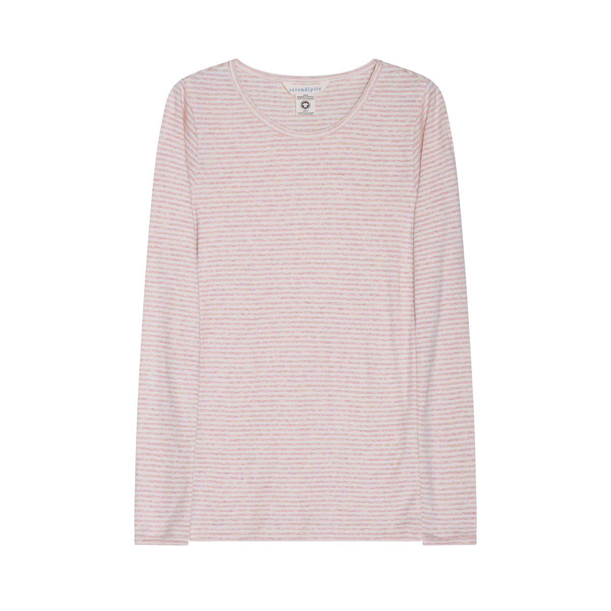 A long-sleeve scoop-neck top with fine horizontal stripes in light pink and white, shown flat against a solid white background.