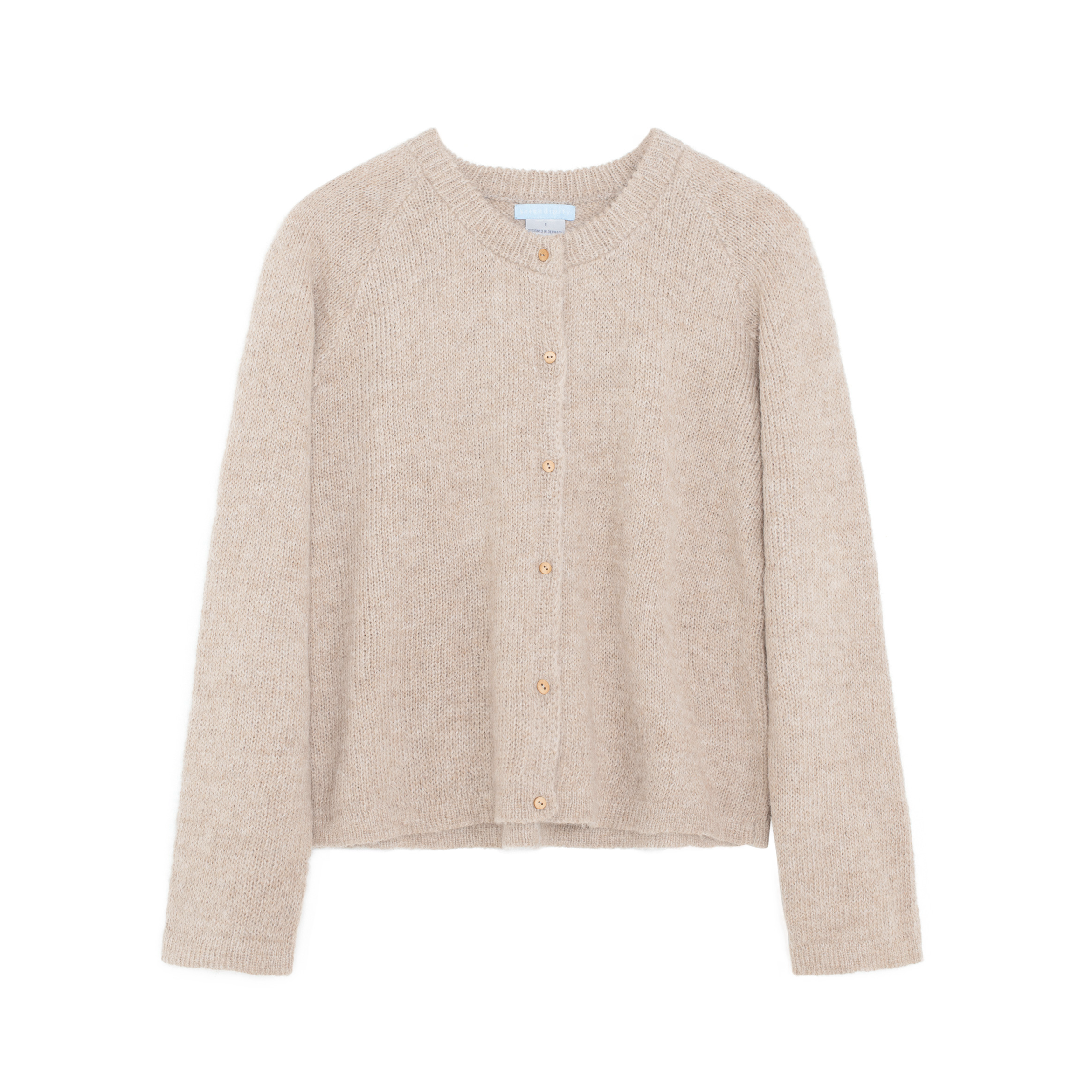 A light beige knit cardigan sweater with a crew neck and button-up front, displayed flat against a solid white background.