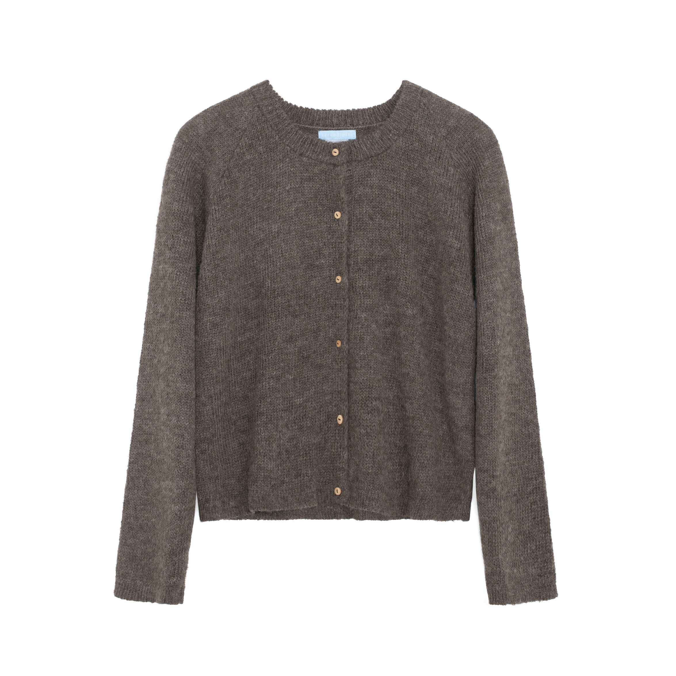 A dark brown textured knit cardigan sweater with a round neckline and a button-up front, displayed on a clean white background.