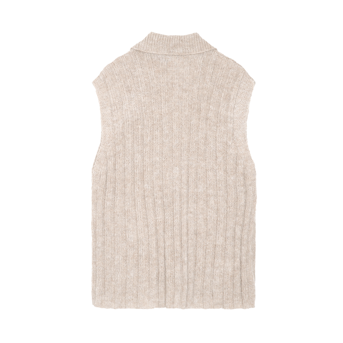 A sleeveless ribbed knit collared neck vest in a light oatmeal beige color, shown flat against a solid white background.
