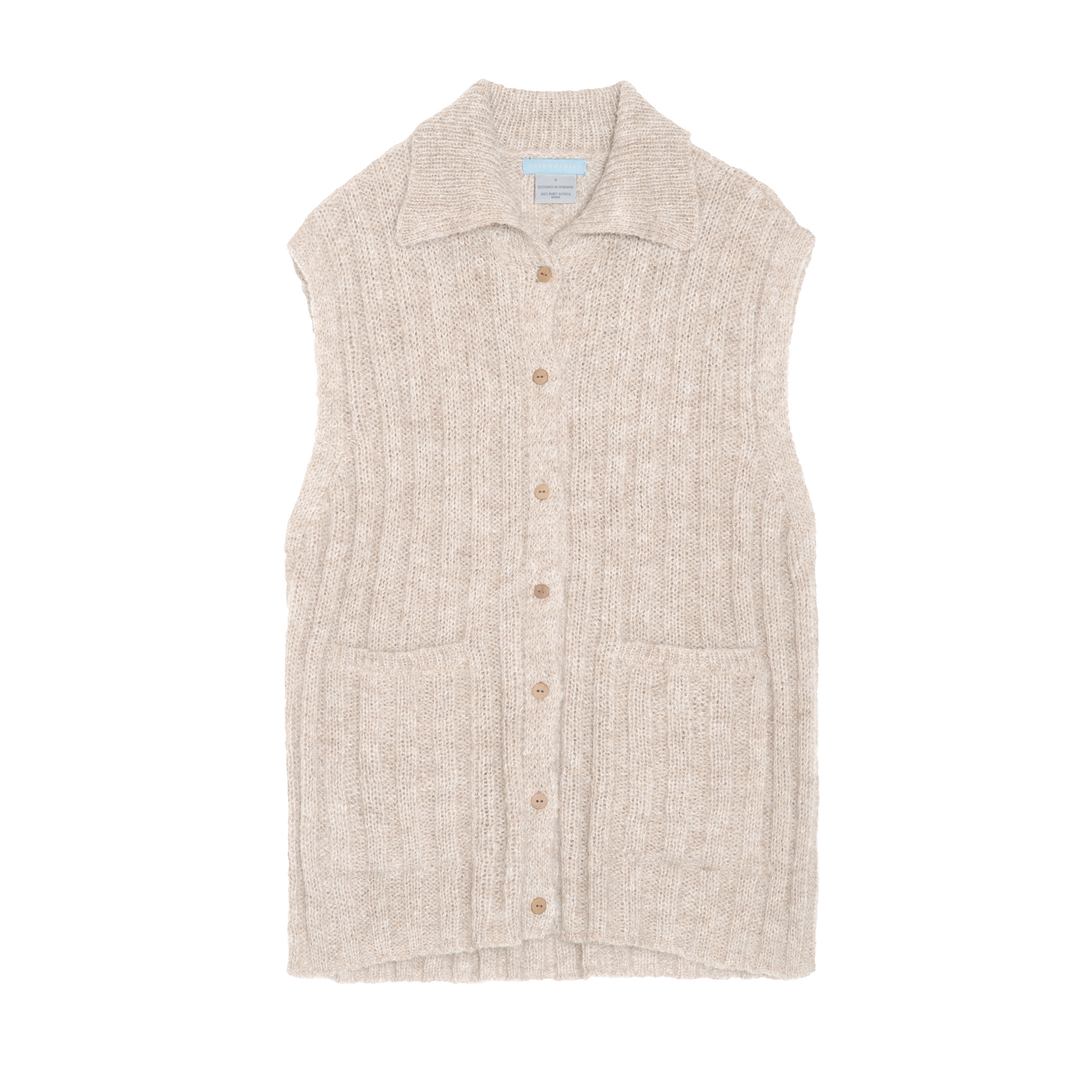 A sleeveless, ribbed knit vest in a light oatmeal beige color, featuring a pointed collar, a button-up front, and two front patch pockets, shown flat against a white background.