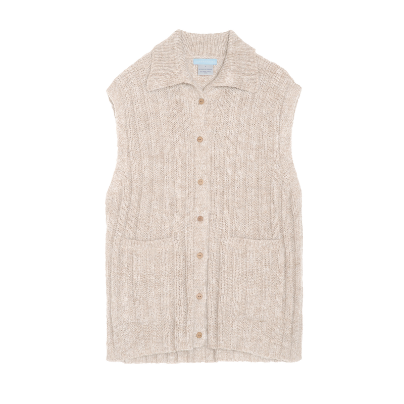 A sleeveless, ribbed knit vest in a light oatmeal beige color, featuring a pointed collar, a button-up front, and two front patch pockets, shown flat against a white background.