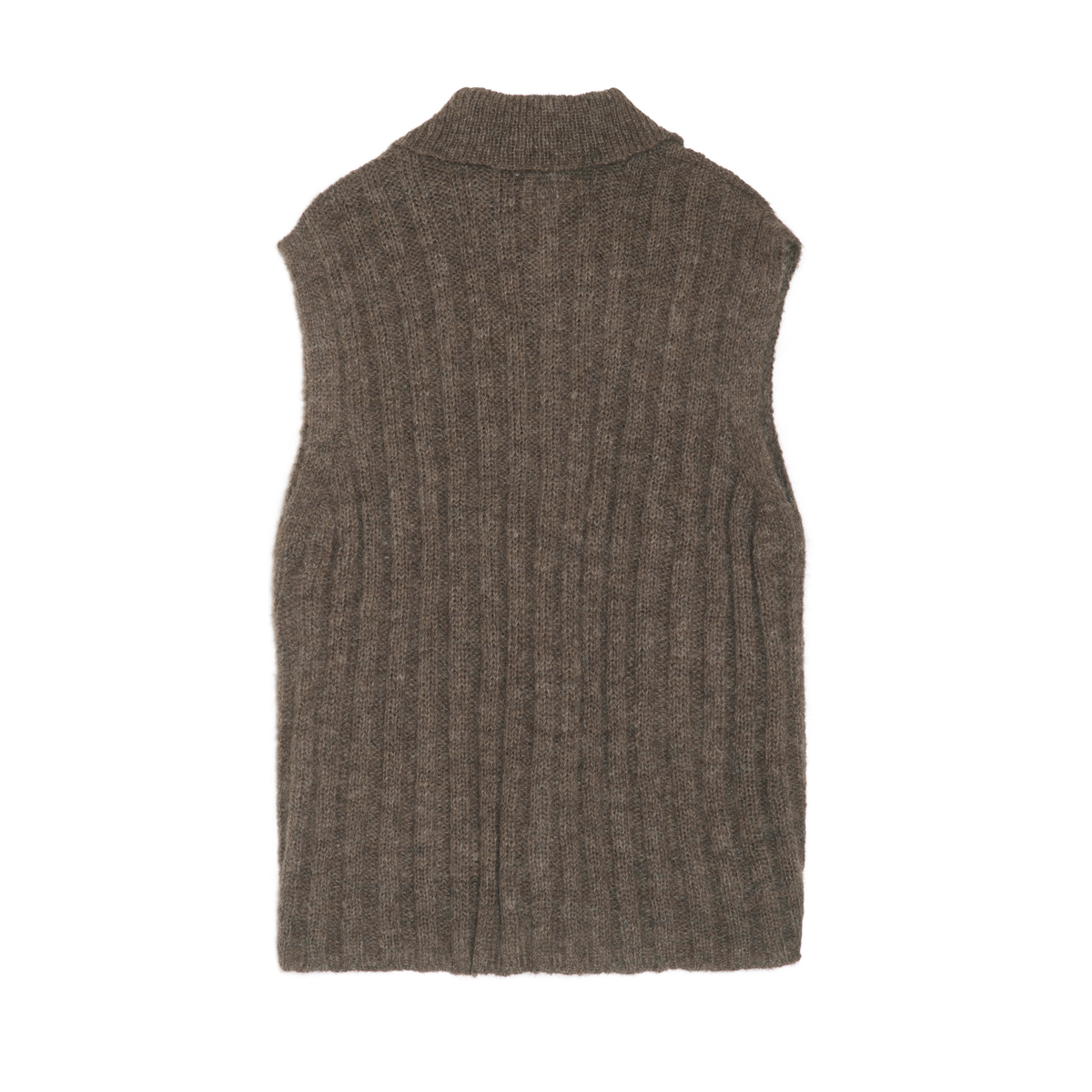 A sleeveless ribbed knit collared neck vest in a heathered brown color, shown flat against a solid white background.