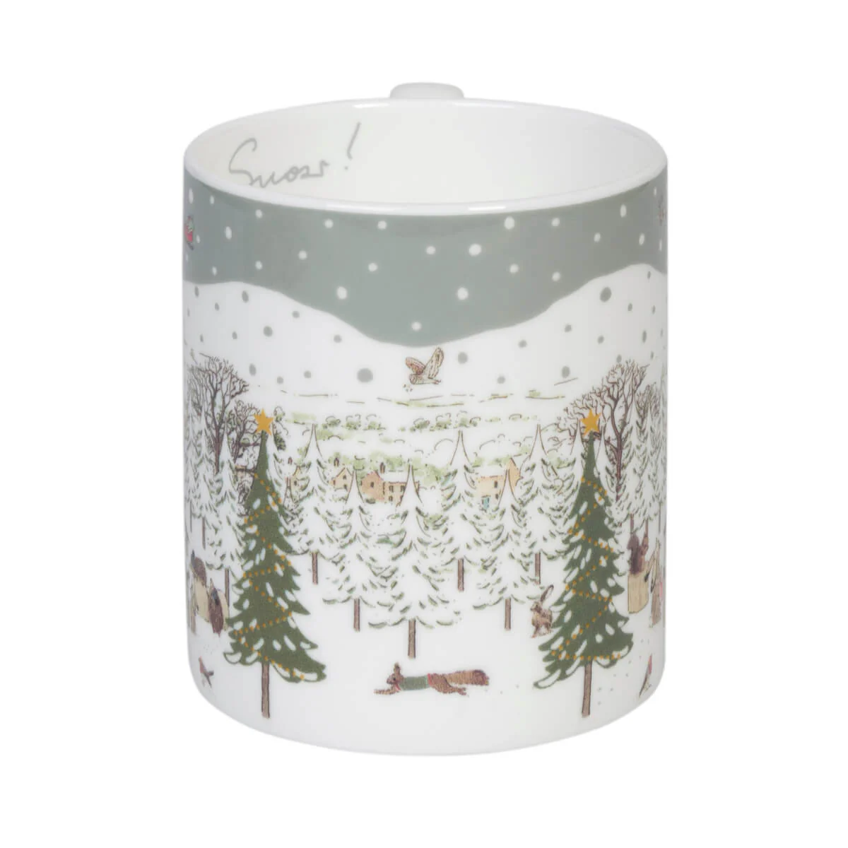 A white ceramic mug featuring a winter forest illustration with snow-covered pine trees, small animals, and a gray sky with falling snow.