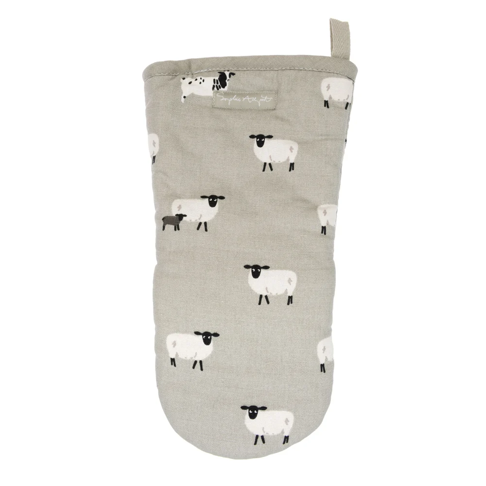 A light gray fabric oven mitt featuring a repeating pattern of black and white sheep, shown against a plain white background.