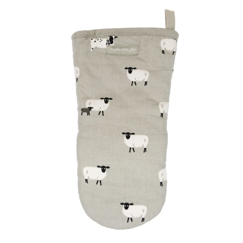 A light gray fabric oven mitt featuring a repeating pattern of black and white sheep, shown against a plain white background.