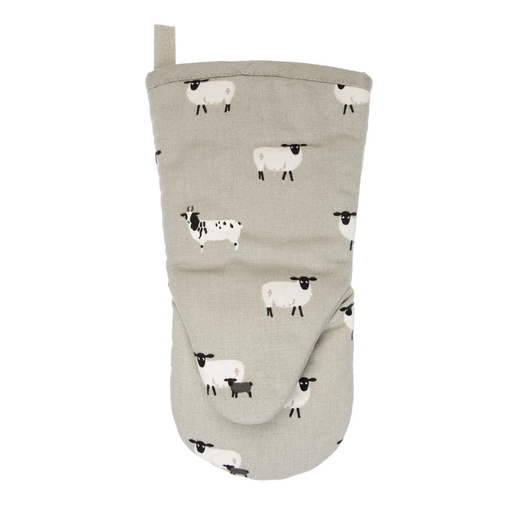 A light gray fabric oven mitt featuring a repeating pattern of black and white sheep, shown against a plain white background.
