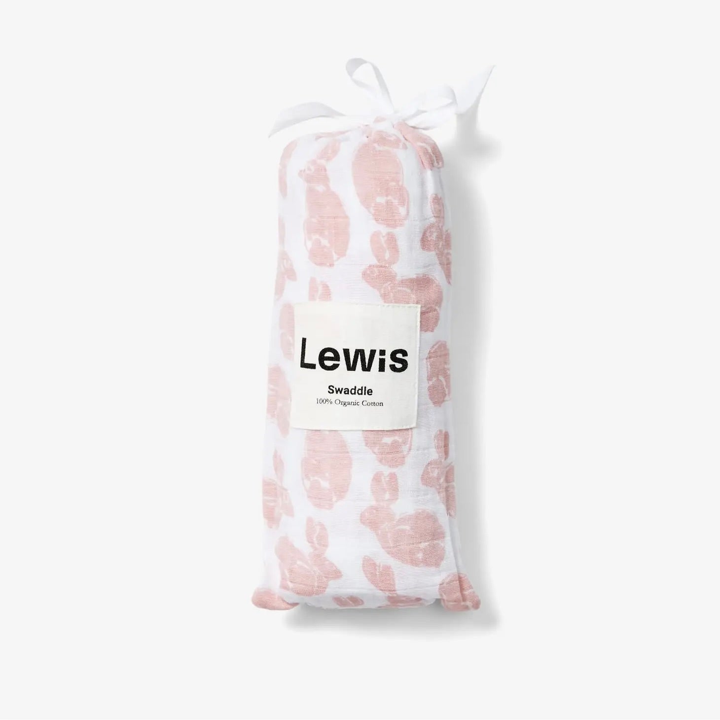 Baby Swaddle - white baby swaddle with light pink bunny print in carrying sleeve on a neutral background