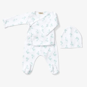 Take Me Home Outfit - white kimono style top, footie pants, and hat with pale green radish pattern on a neutral background
