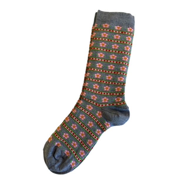 Gray sock with floral pattern on a white background